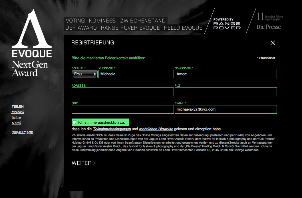 Evoque NextGen Award, Website-Screenshot