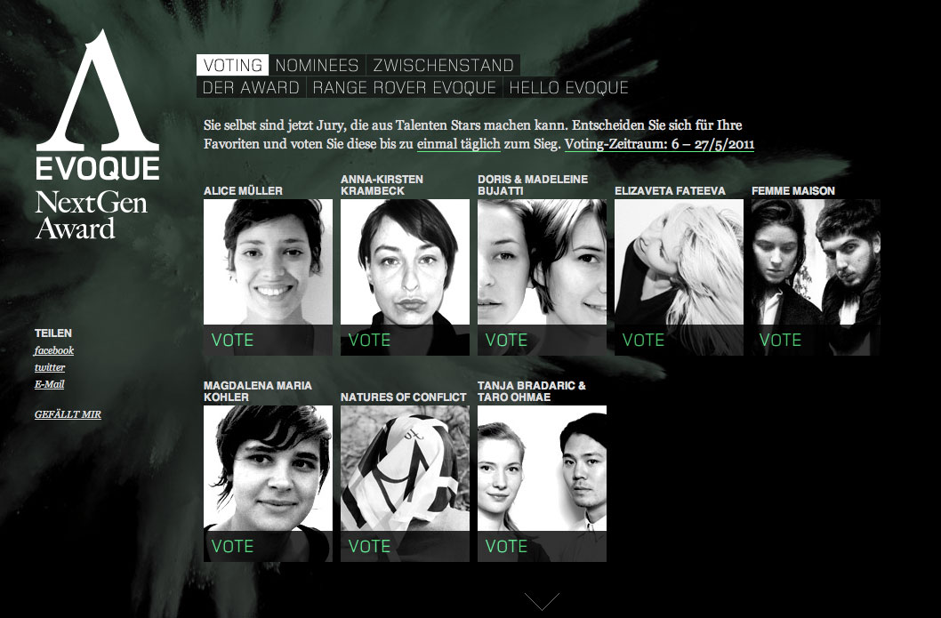 Evoque NextGen Award, Website-Screenshot