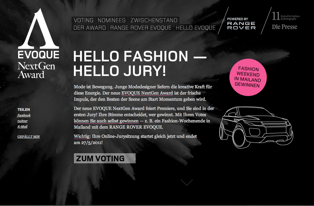 Evoque NextGen Award, Website-Screenshot